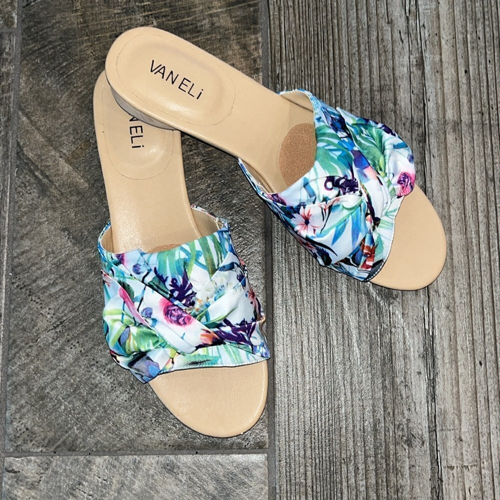 Van Eli cotton floral slides w/ leather soles